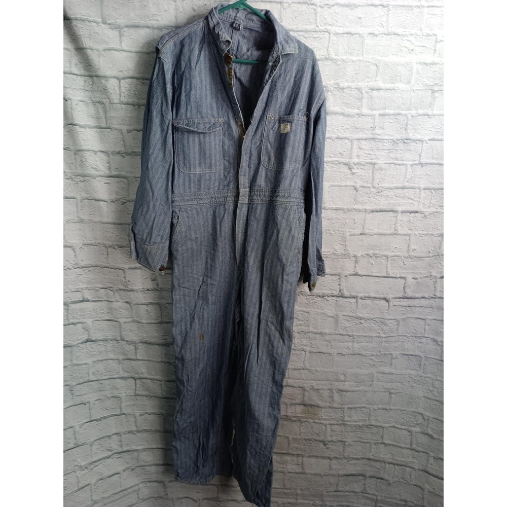 Vintage Big Mac Coveralls Mens 44R Blue Herringbone Stripe Denim Workwear 60s